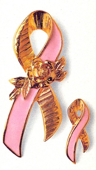 épinglette rose et or Avon symbolisant la campagne de lutte contre le cancer du sein